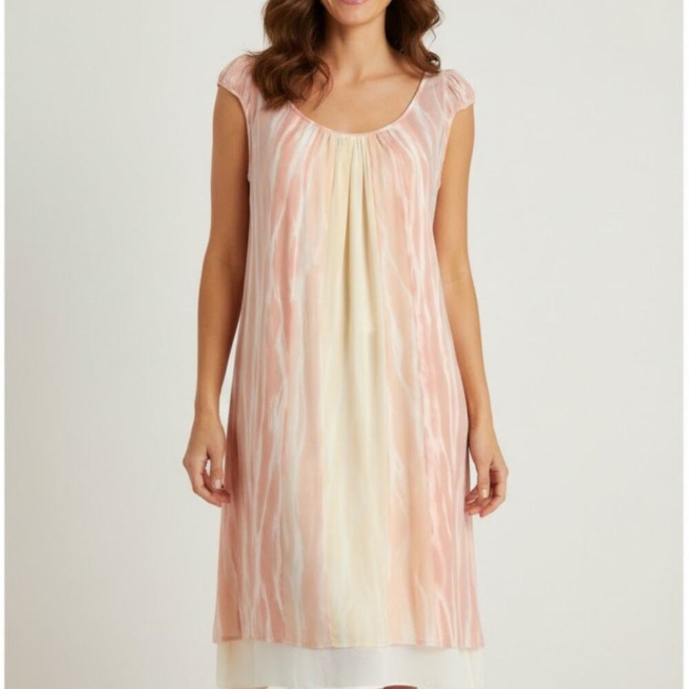 White + Warren 100% Silk Shift Dress Puff Sleeve Scoop Neck Chiffon M Fairycore